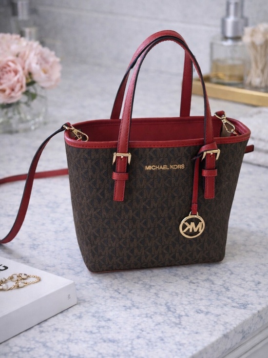 Michael Kors Handbags - Michael Kors Jet Set Brown Red Signature Tote Crossbody Bag Gold Hardware logo